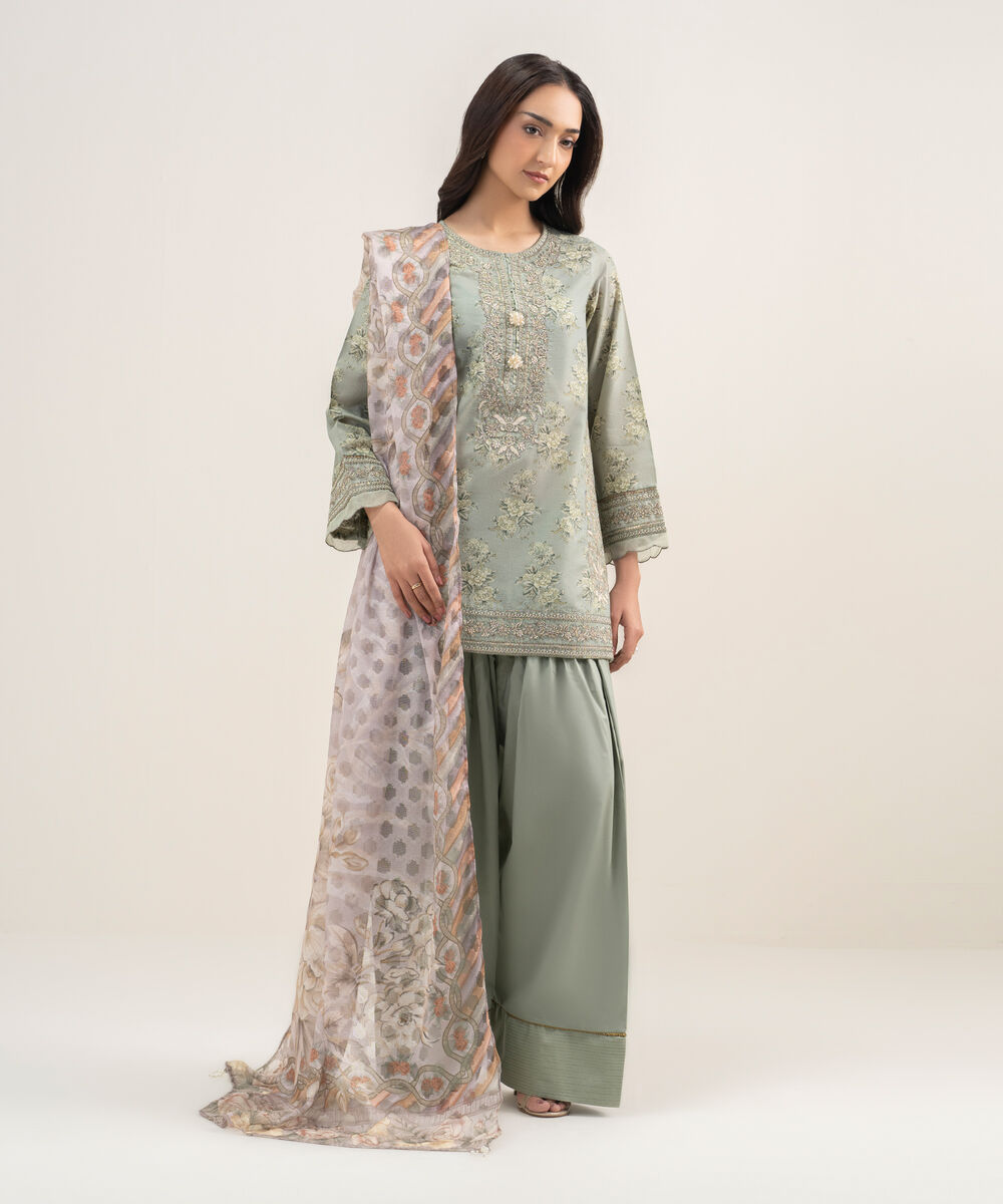 Women's RTW Zari Lawn Embroidered Green 3 Piece Suit