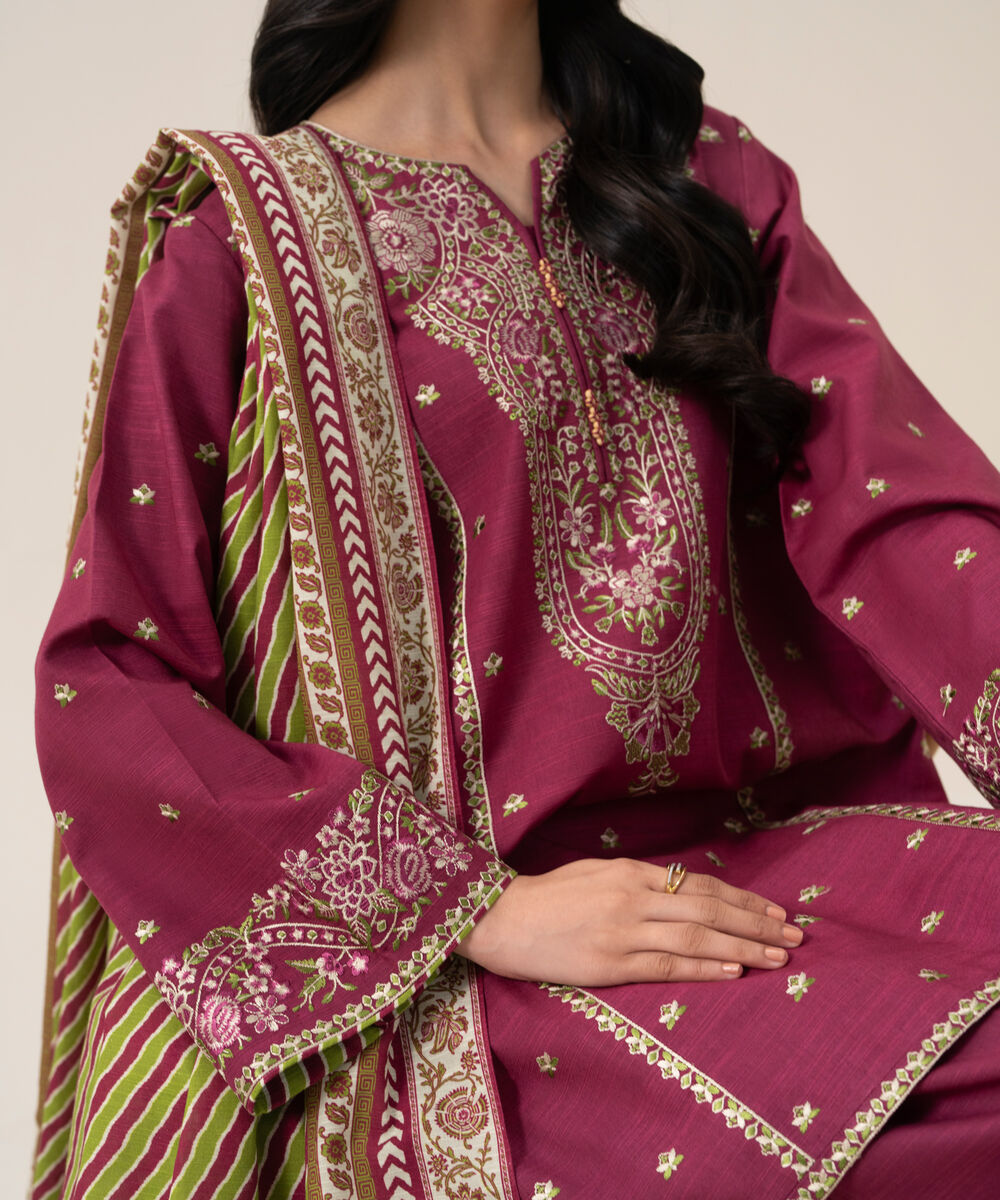 Women's Unstitched Cotton Embroidered Magenta 3 Piece Suit