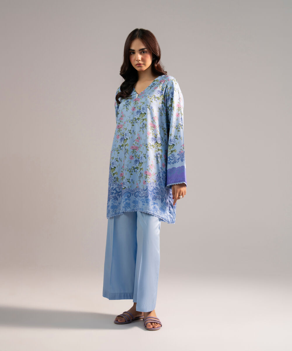 Women's RTW Arabic Lawn Printed Blue 2 Piece Suit