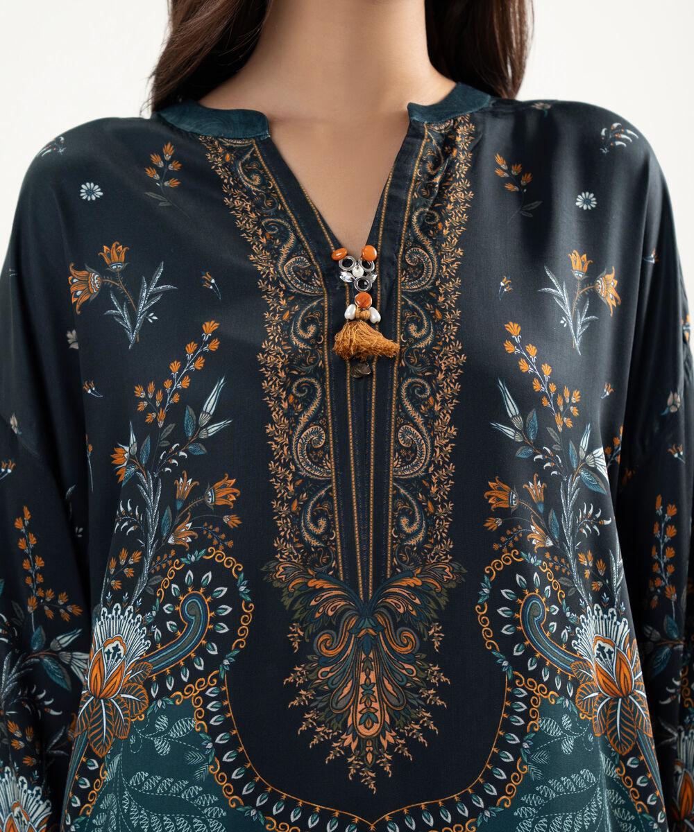 Women's RTW Premium Visocose Satin Embroidered Black 2 Piece Suit