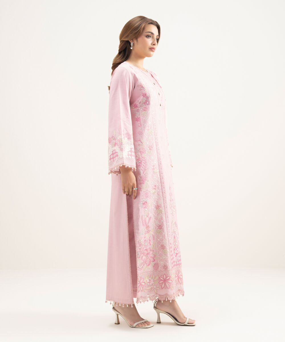 Women's Unstitched Lawn Embroidered Pink 3 Piece Suit