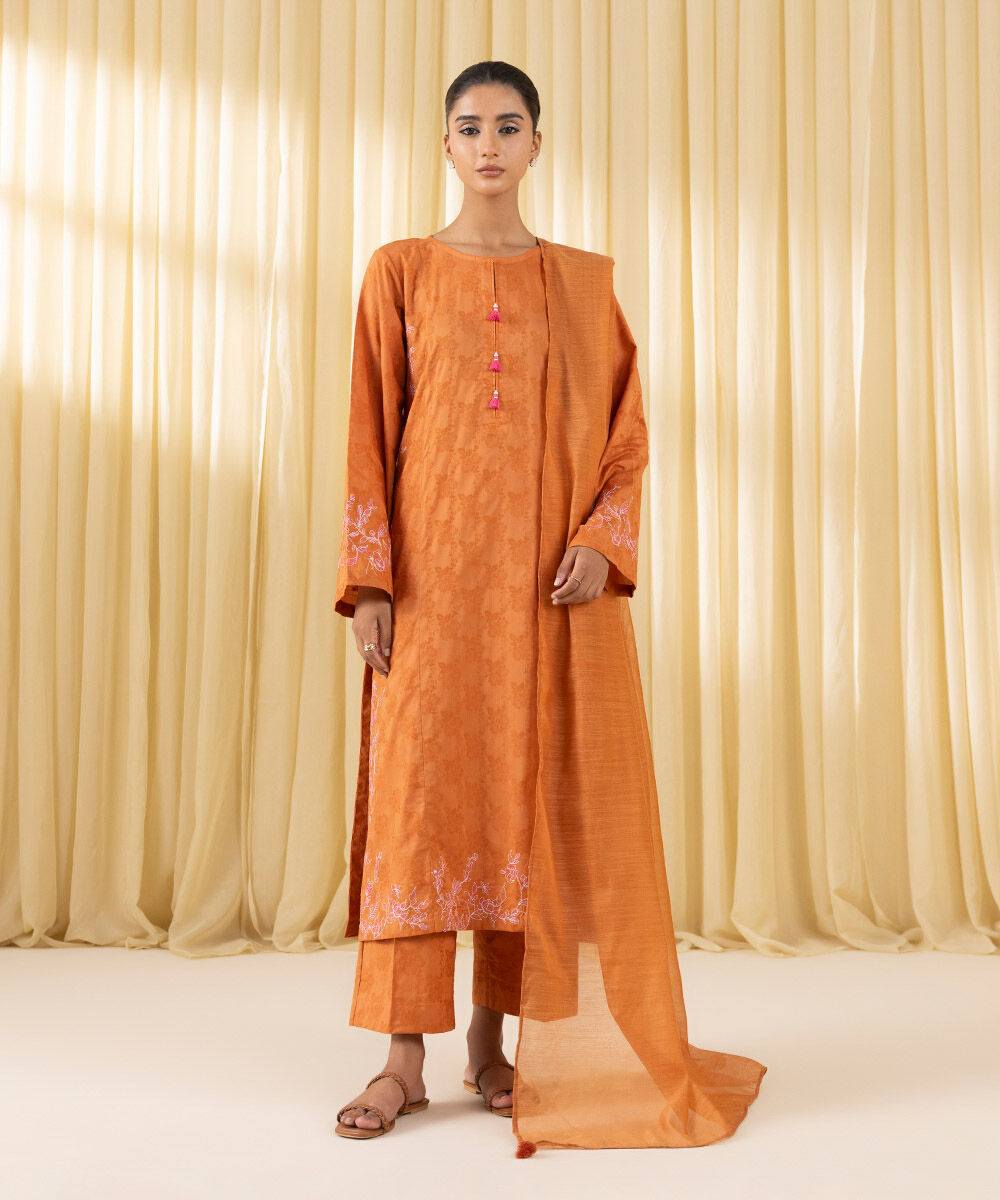 Women's Pret Yarn Dyed Orange Embroidered A-Line Shirt