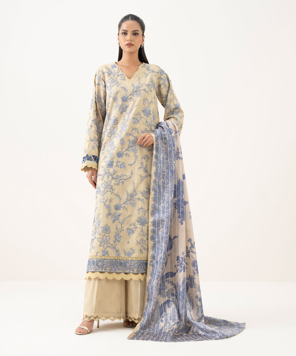 Women's RTW Cotton Jacquard Beige Embroidered A-Line Shirt