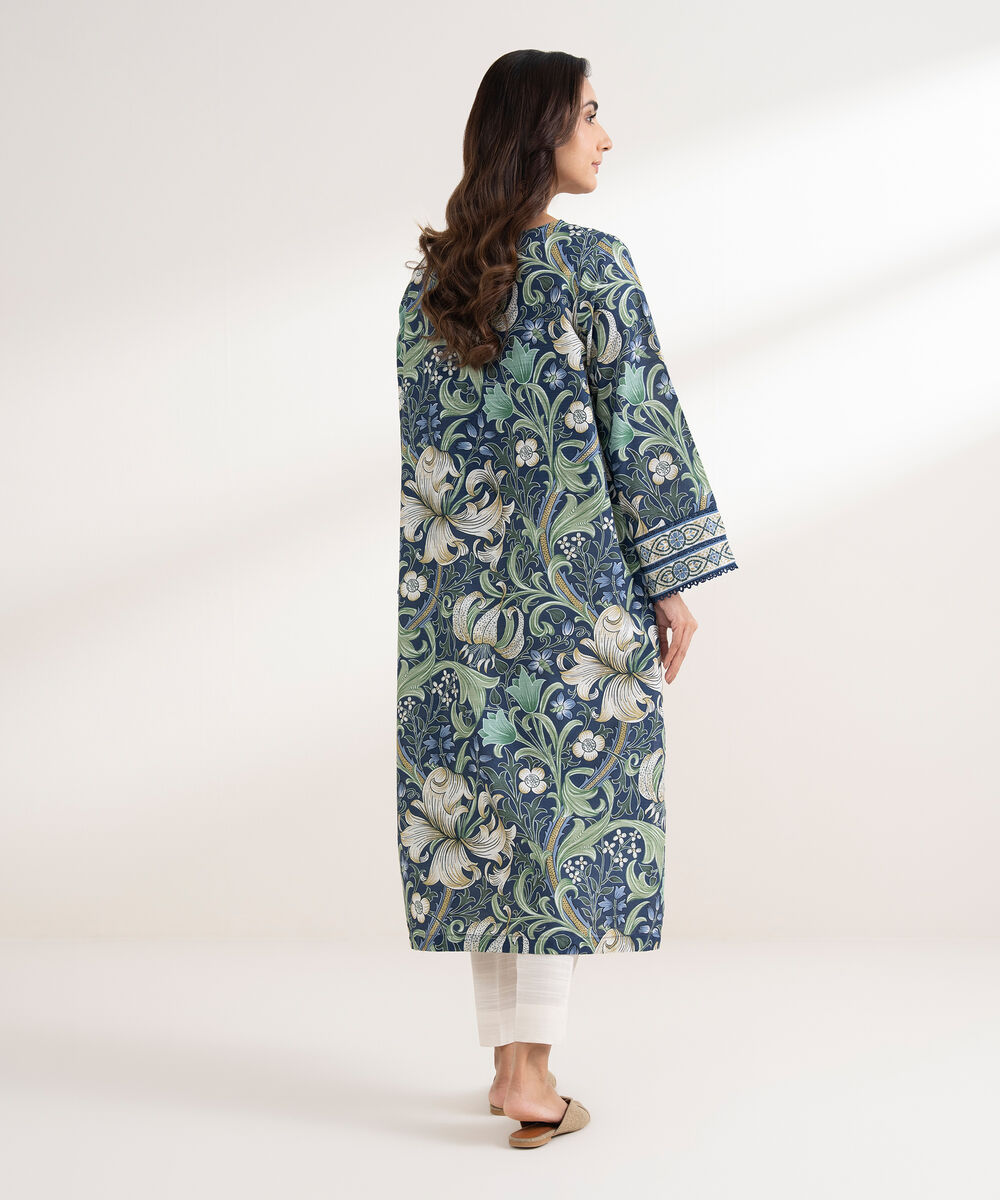 Women's RTW Khaddar Printed Straight Blue Shirt