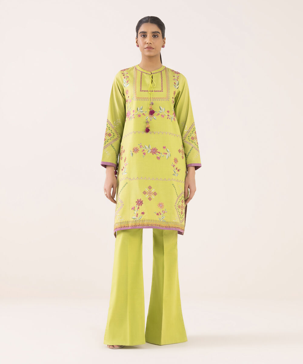 Women's Unstitched Cotton Embroidered Green Two Piece Suit