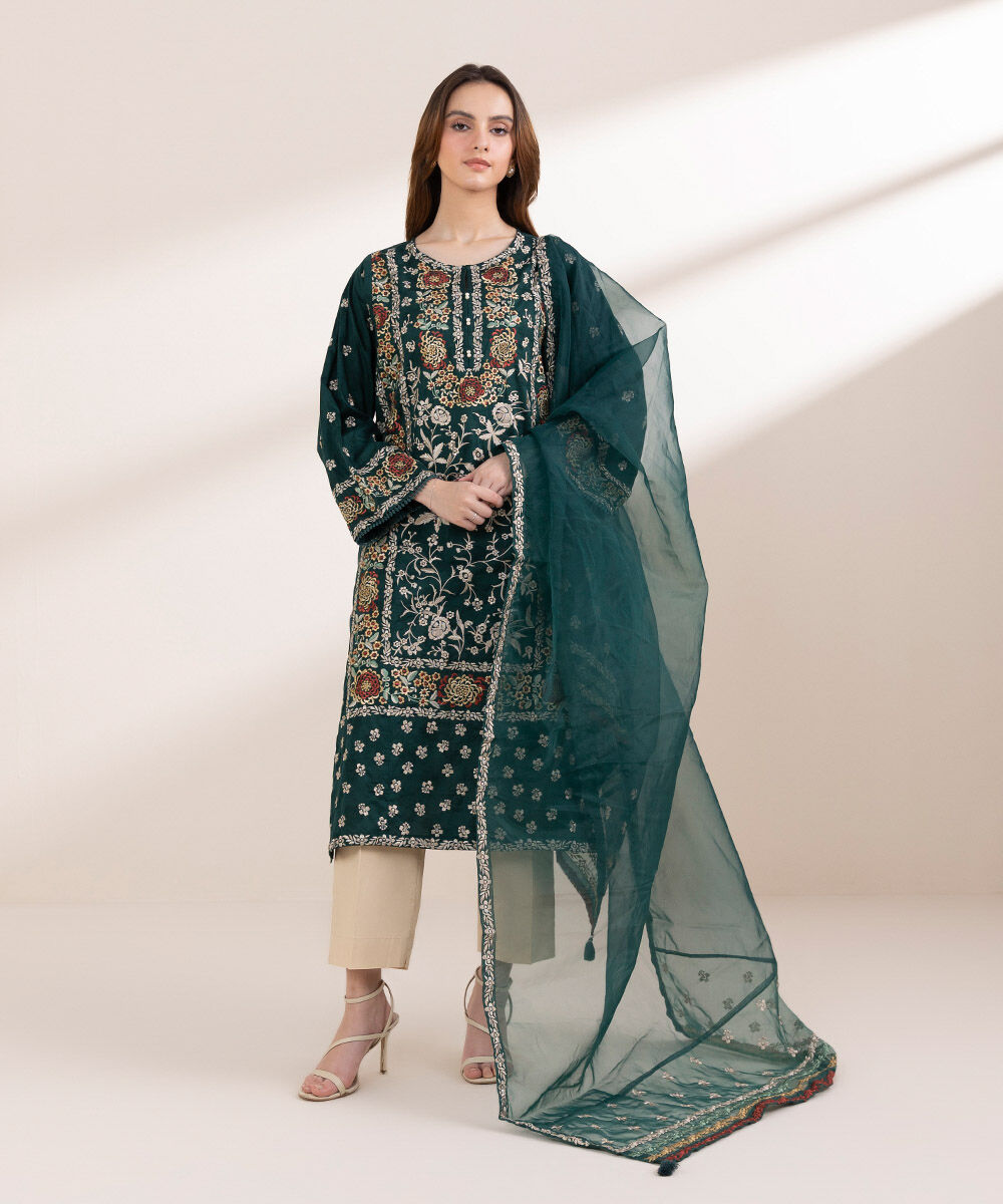 Blended Organza Green Embroidered Dupatta