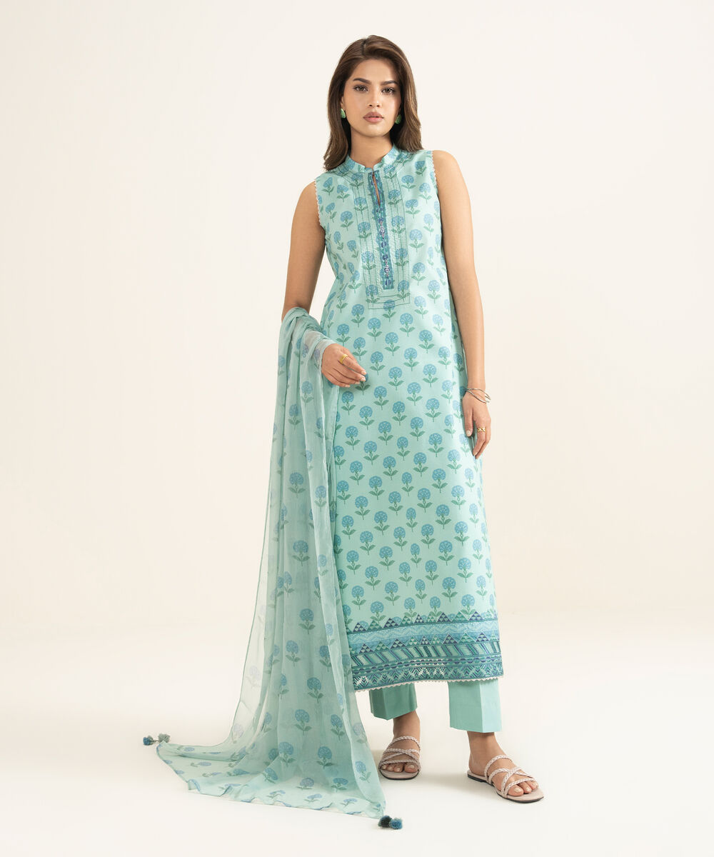 Women's Unstitched Lawn Embroidered Blue 3 Piece Suit