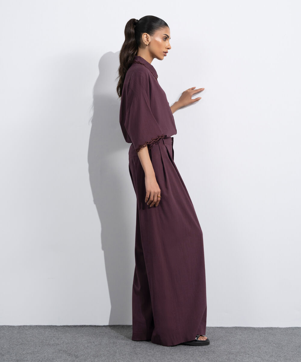 Women's Western Maroon Wide-Leg Pleated Trousers