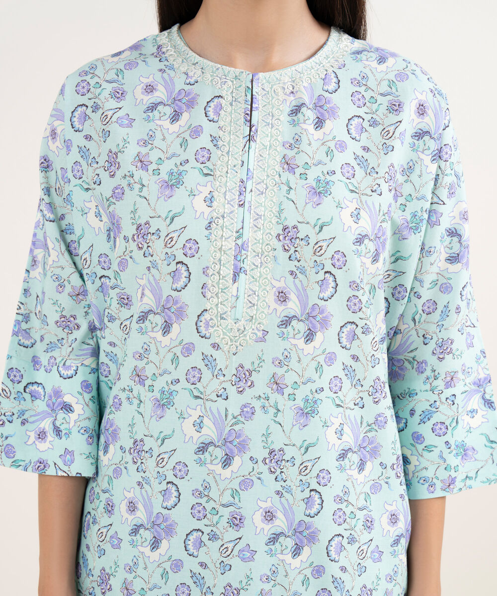 Women's RTW Lawn Blue Embroidered A-Line Shirt