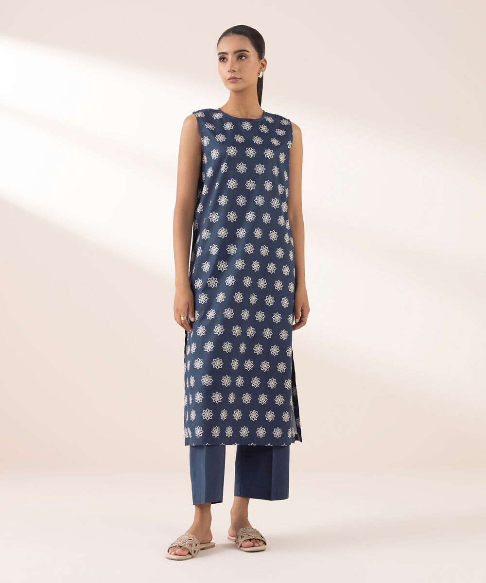 Women's RTW Cambric Blue Printed A-Line Shirt