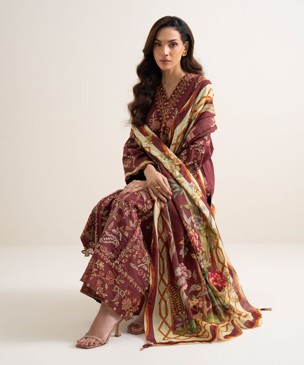 Women's Unstitched Lawn Embroidered Red 3 Piece Suit