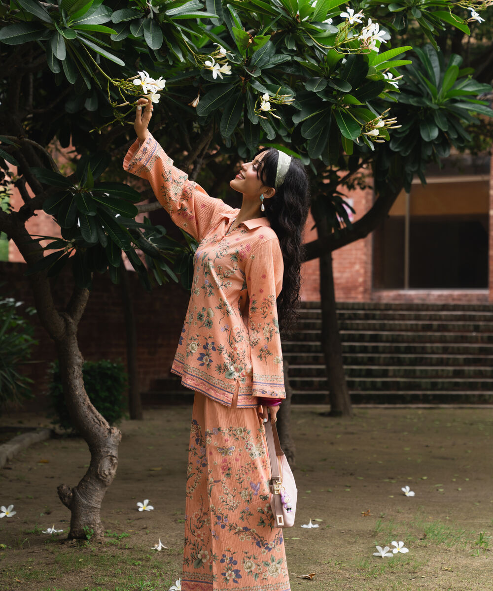 Women's RTW Seersucker Printed Peach 2 Piece Suit