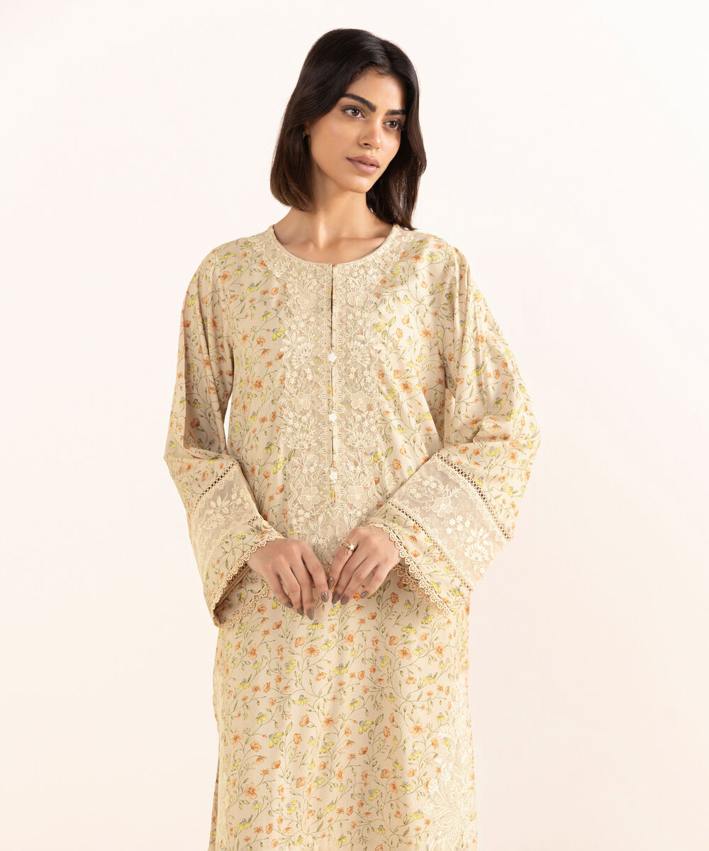 Women's RTW Arabic Lawn Beige Embroidered A-Line Shirt