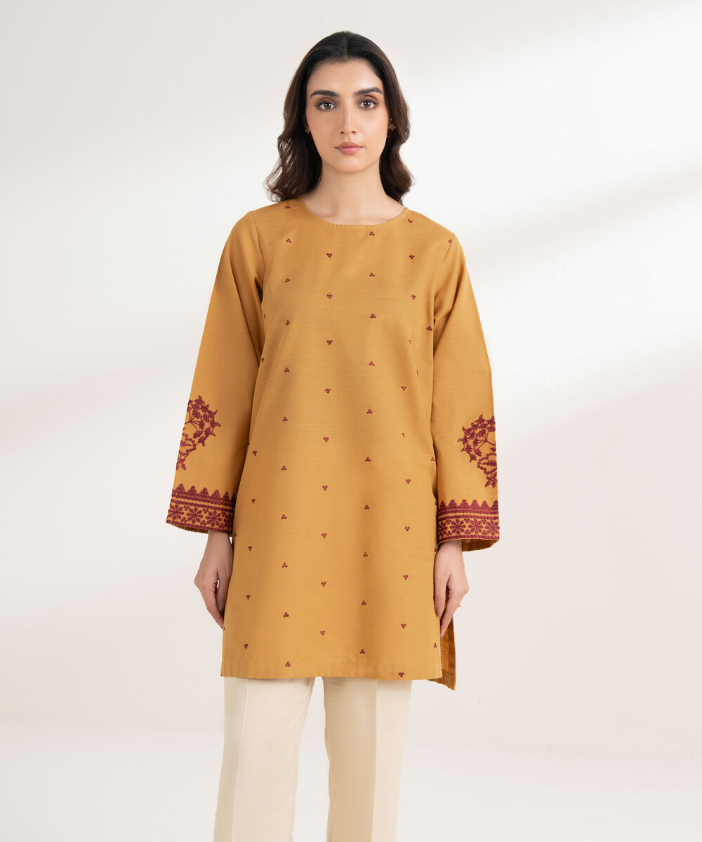 Women's RTW Khaddar Embroidered Straight Mustard Shirt