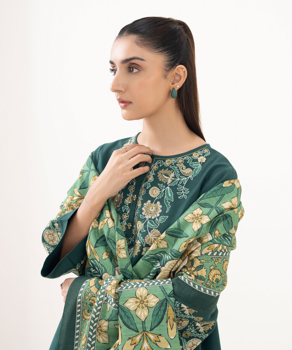 Women's Unstitched Khaddar Embroidered Green 3 Piece Suit