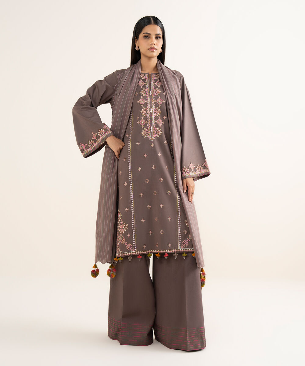 Women's Unstitched Embroidered Cotton Light Brown 3 Piece Suit
