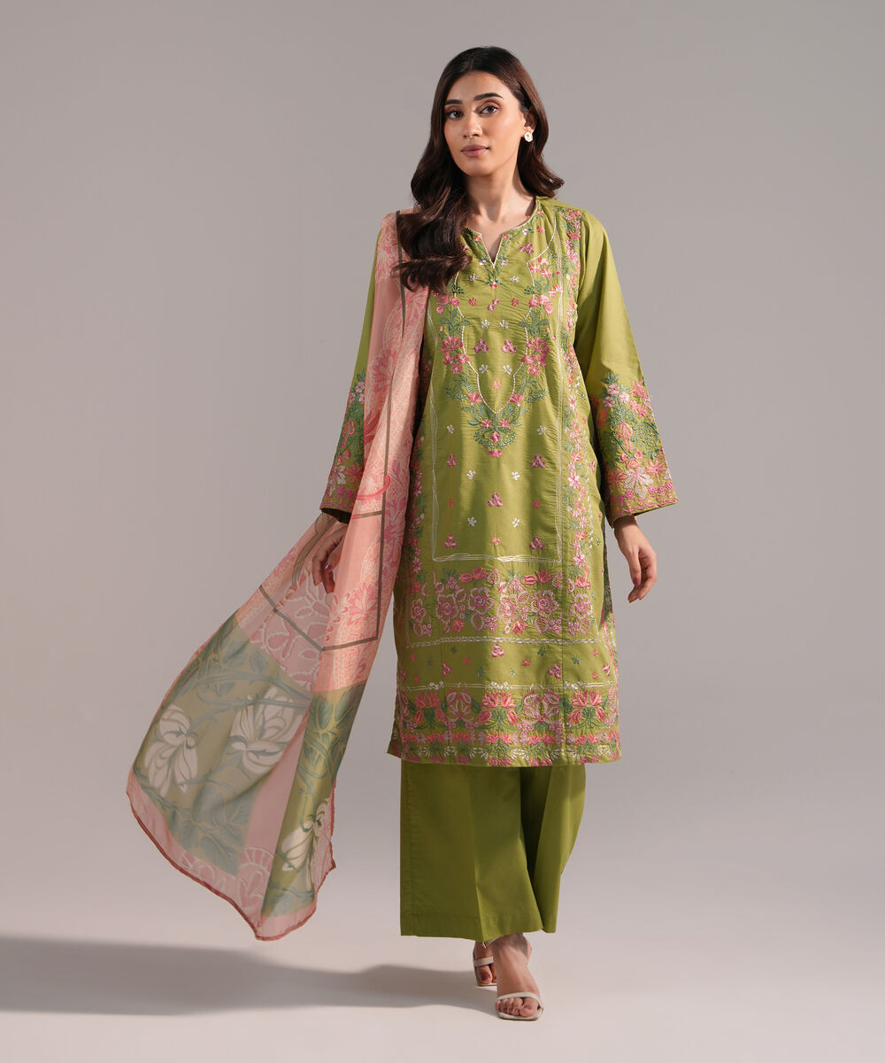 Women's RTW Zari Lawn Embroidered Green 3 Piece Suit