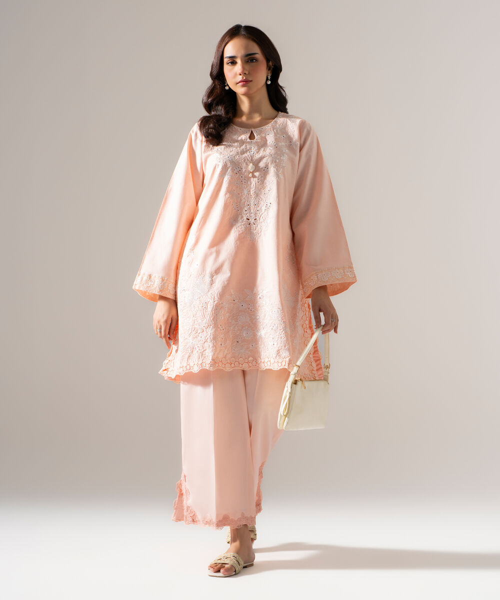 Women's RTW Self Jacquard Solid Embroidered Pink 2 Piece Suit