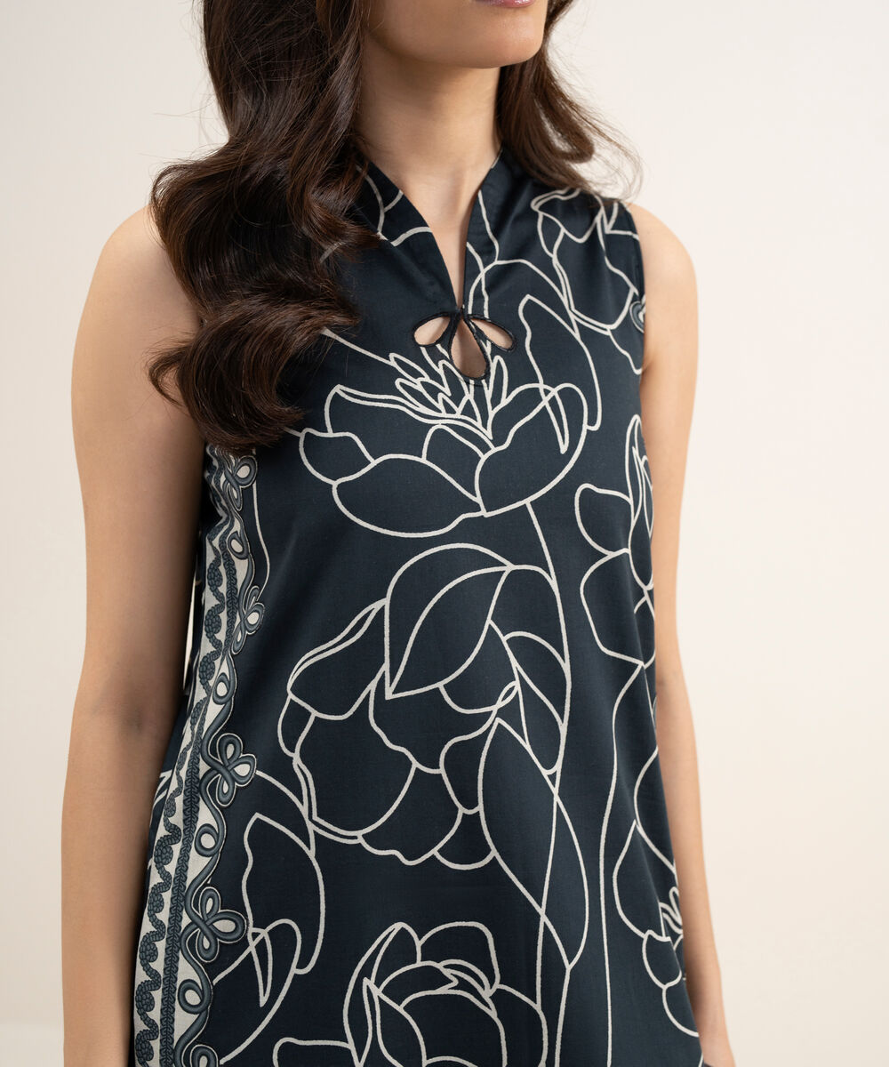 Women's Unstitched Lawn Printed Black and Off White 2 Piece Suit