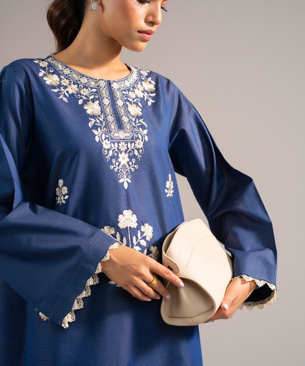 Women's RTW Zari Lawn Embroidered Dark Blue A-Line Shirt