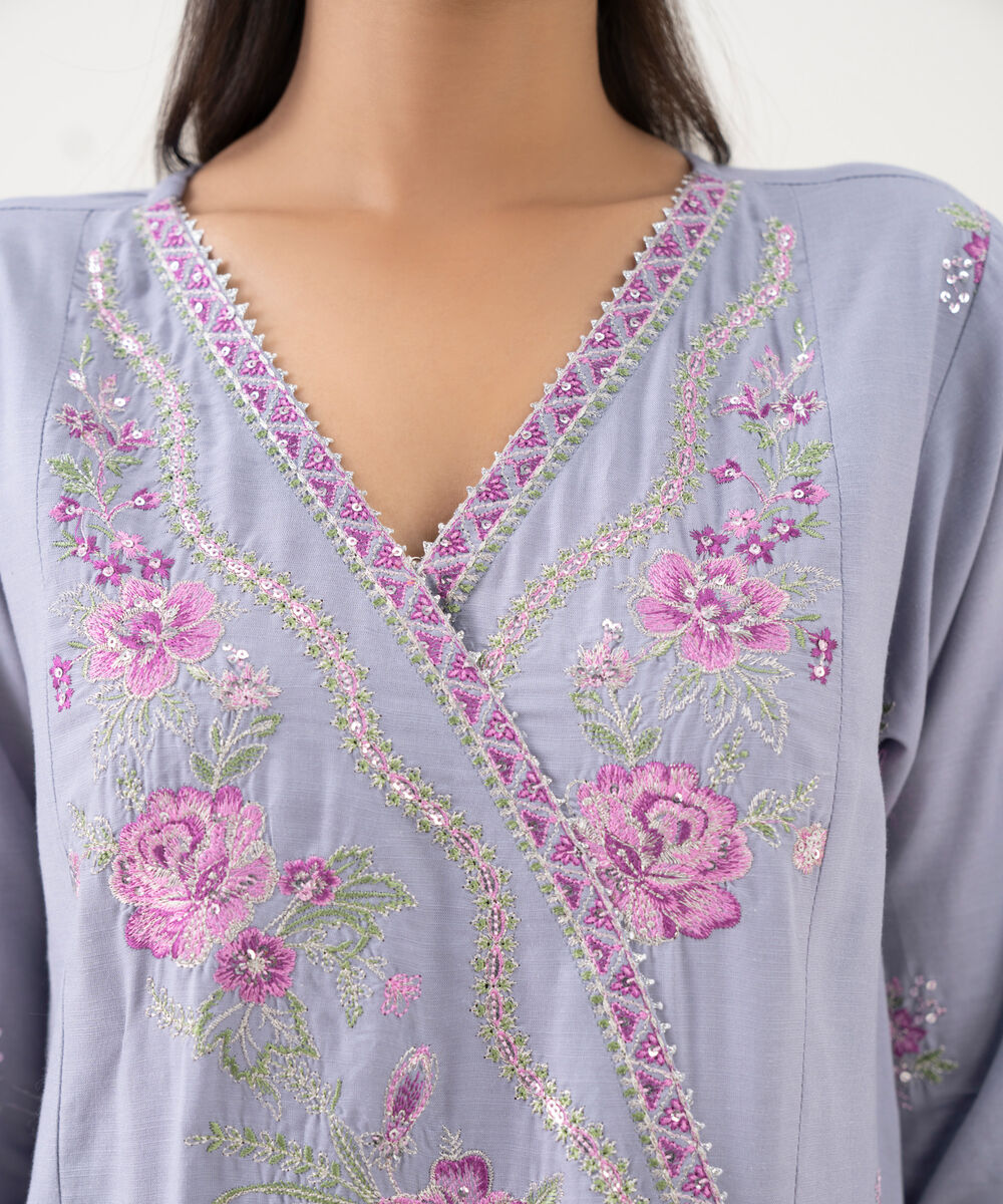 Women's RTW Cotton Viscose Purple Embroidered A-Line Shirt