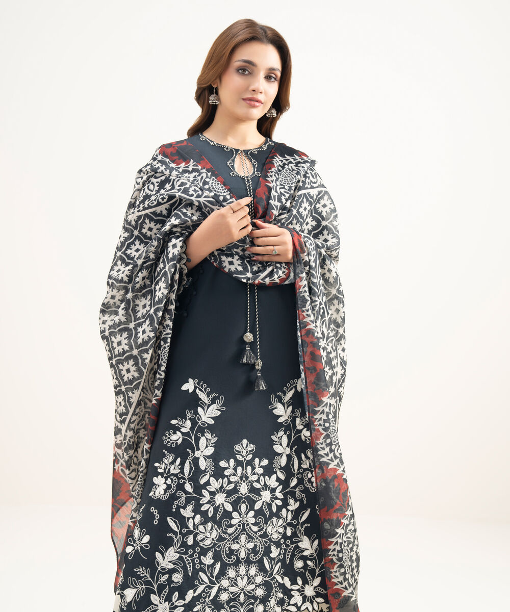 Women's Unstitched Textured Lawn Embroidered Black 3 Piece Suit