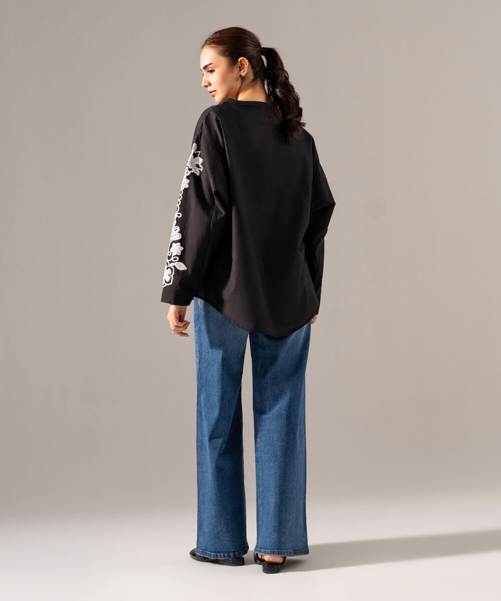 Women's RTW Khaddar Solid Embroidered Black Drop Shoulder Shirt