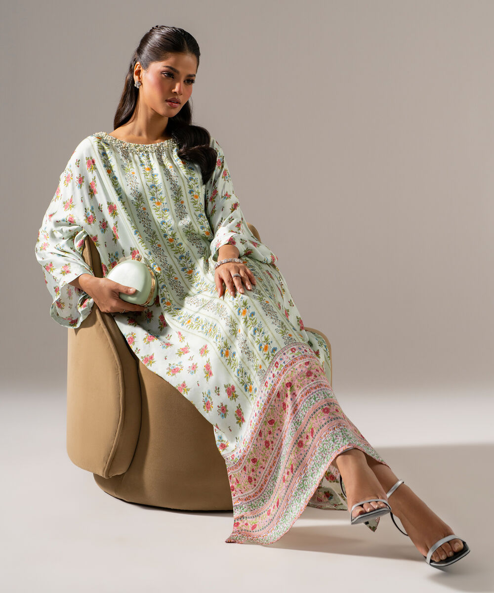 Women's RTW White Featheer Chamoz Printed Green Kaftan