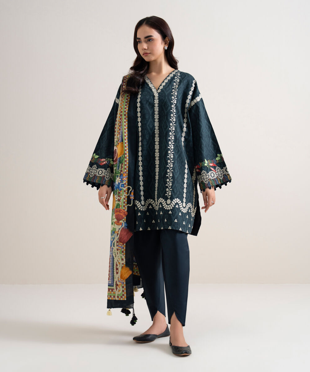 Women's Unstitched Lawn Embroidered Black