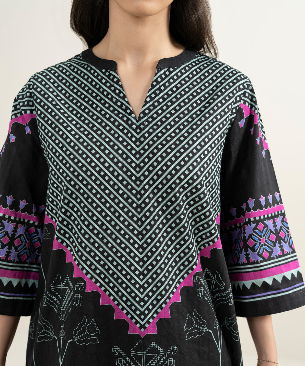 Women's RTW Textured Cotton Printed Black A-Line Shirt