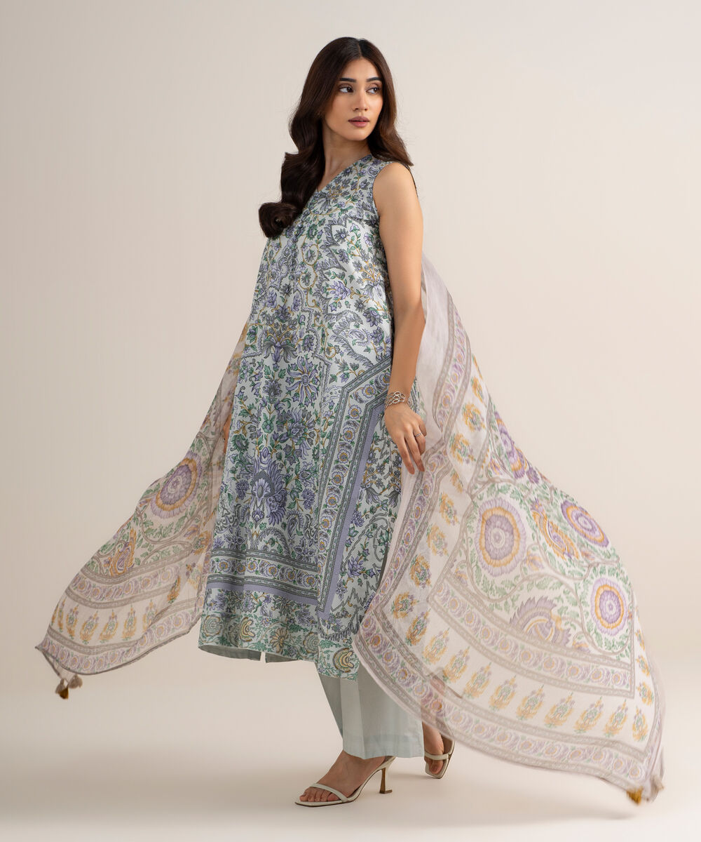 Women's Unstitched Lawn Printed Grey 3 Piece Suit