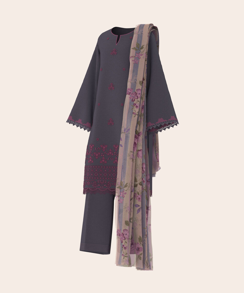 Women's Unstitched Self Jacquard Dark Grey  Embroidered 3 Piece Suit
