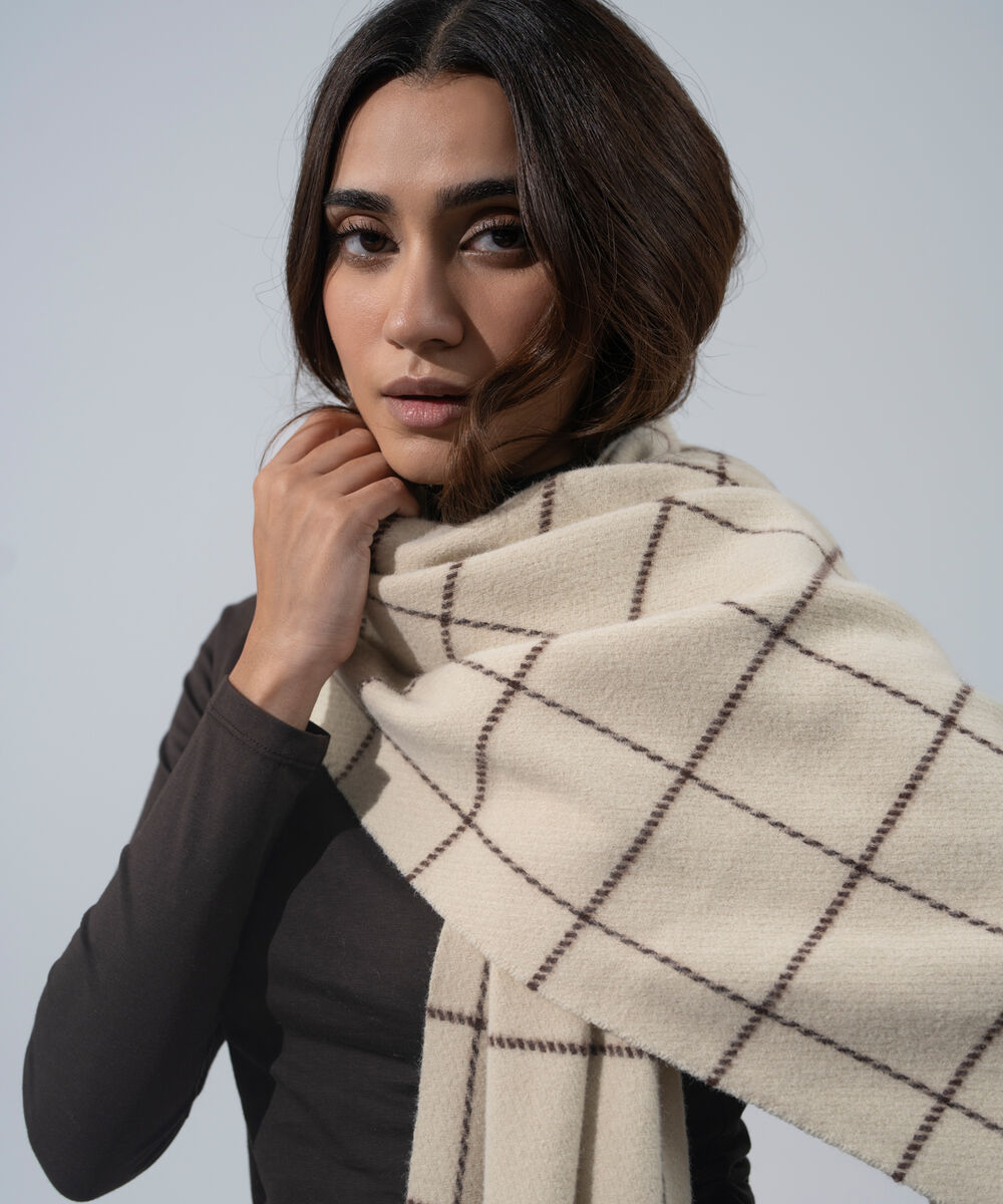 Women's Western Wear Off-White Checkered Woolen Scarf
