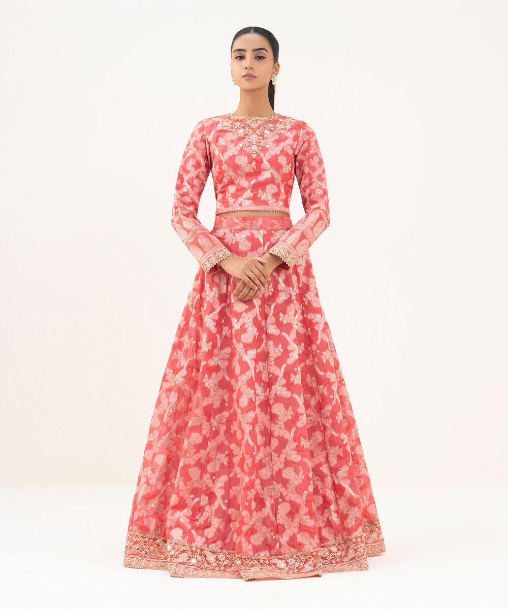 Women's RTW Zari Jacquard Pink Embroidered Lehnga Choli