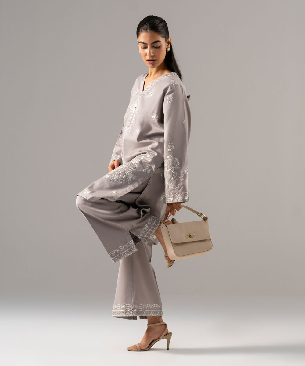 Women's RTW Cotton Linen Embroidered Grey 2 Piece Suit