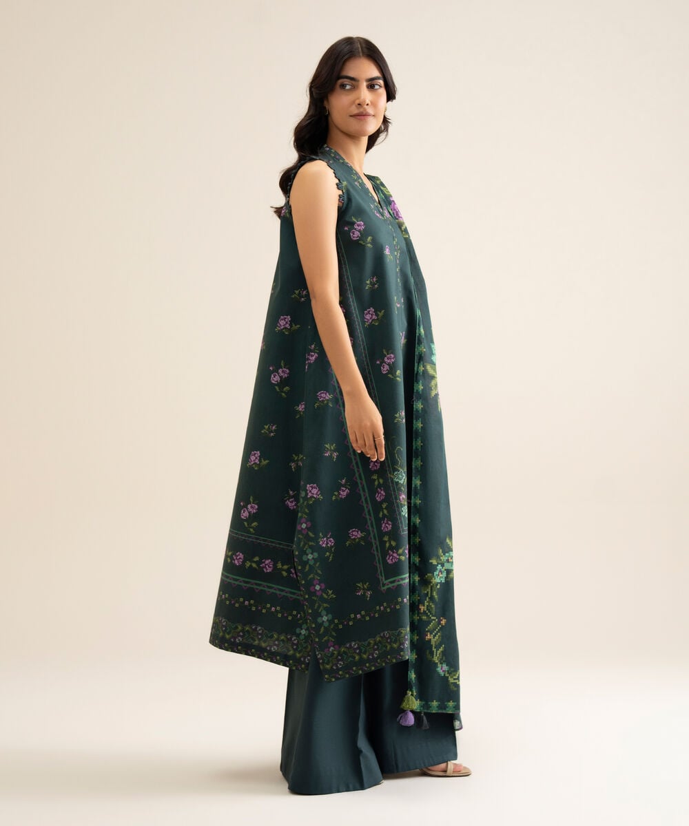 Women's Unstitched Cotton Printed Teal Green 3 Piece Suit