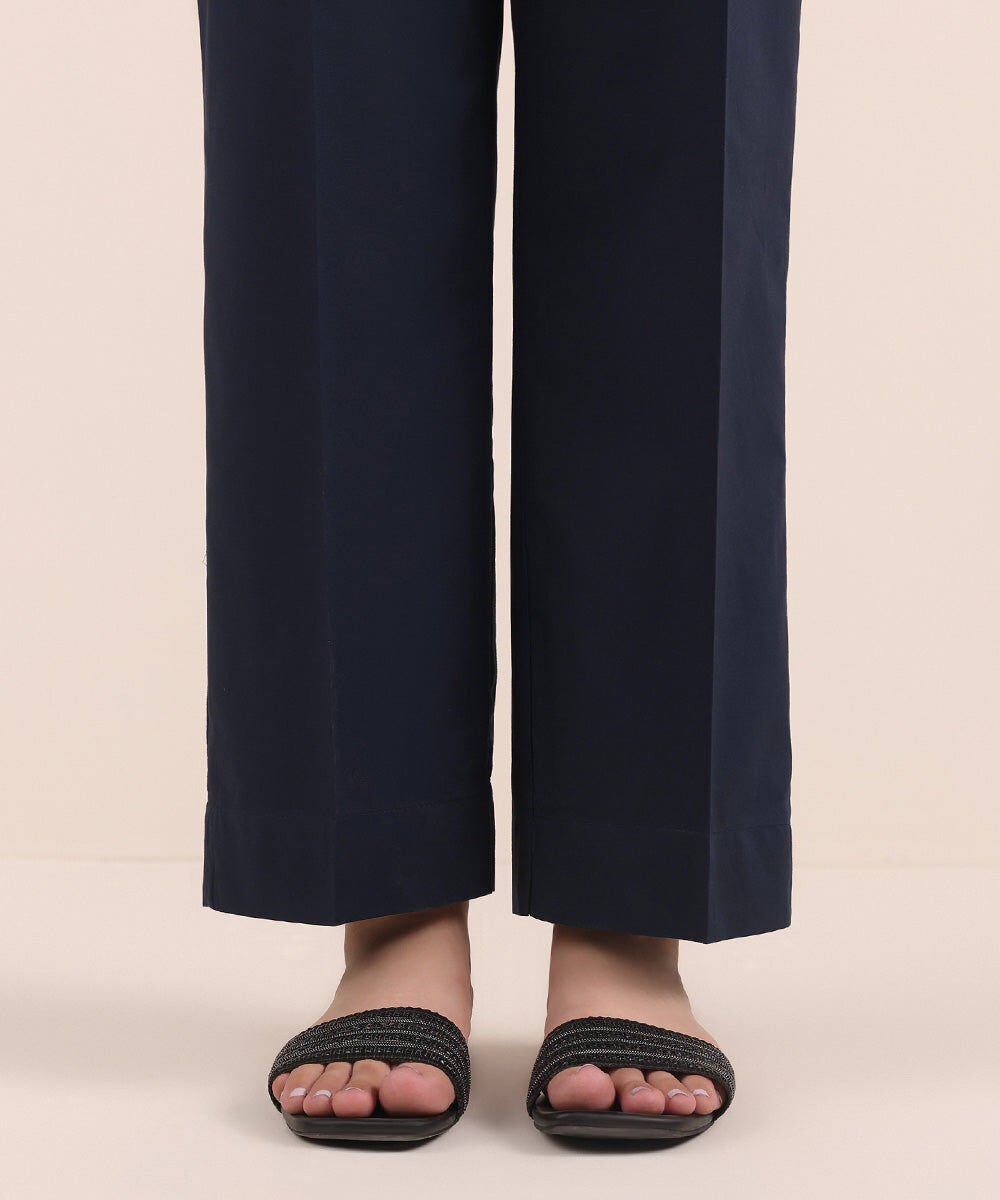 Woman - Blue Solid Cambric Straight Pants