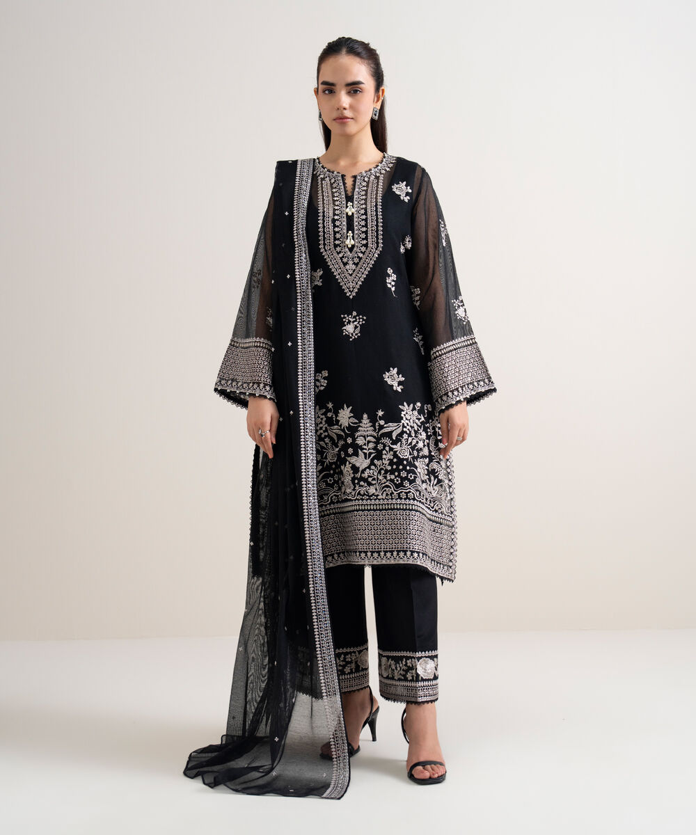 Women's Unstitched Khaddi Net Embroidered Black