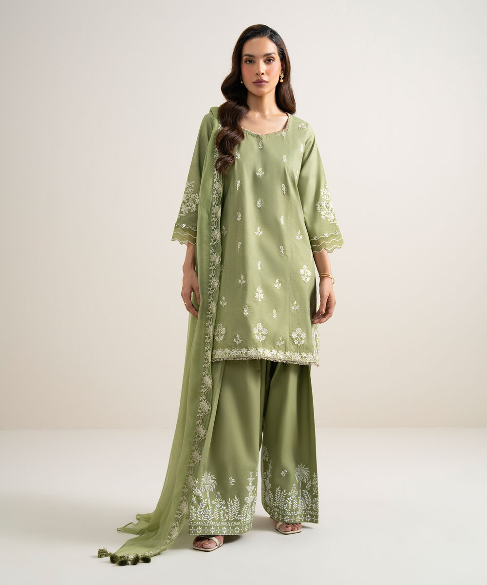 Women's Unstitched Lawn Embroidered Green 3 Piece Suit