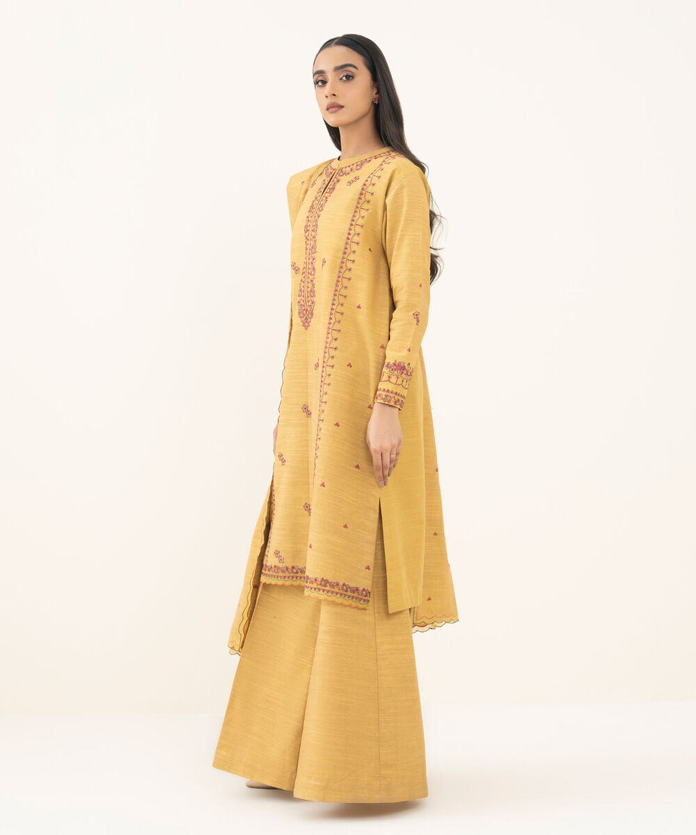 Women's Unstitched Embroidered Khaddar Yellow 3 Piece Suit