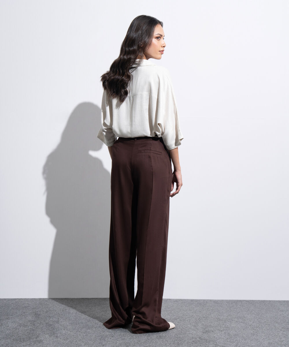 Women's Western Brown Straight Fit Pleated Trouser