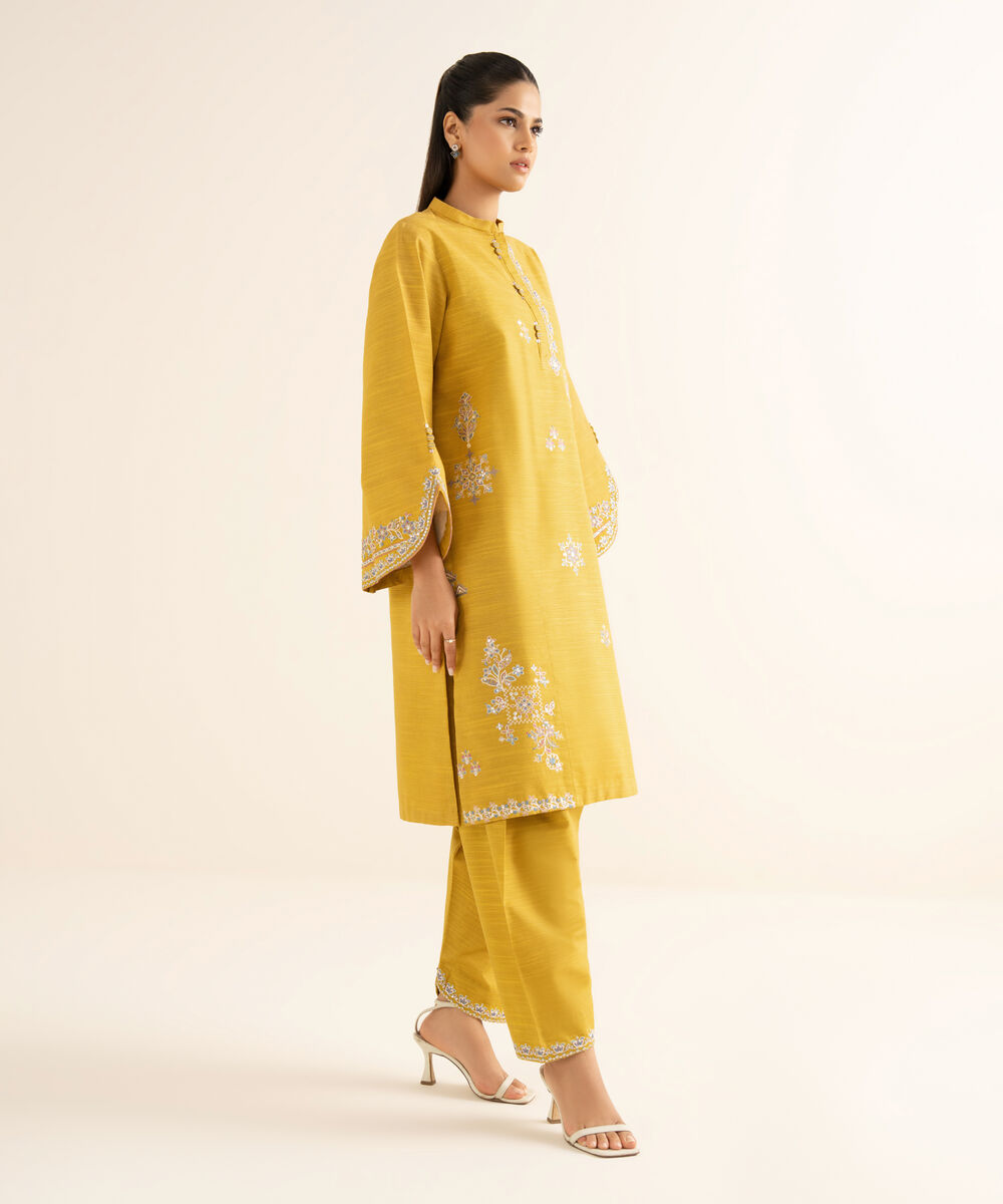 Women's Unstitched Zari Khaddar Embroidered Yellow 2 Piece Suit