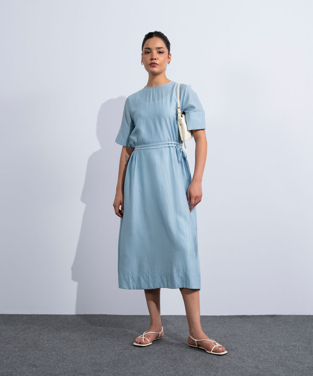 Women's Western Light Blue Textured Maxi Dress