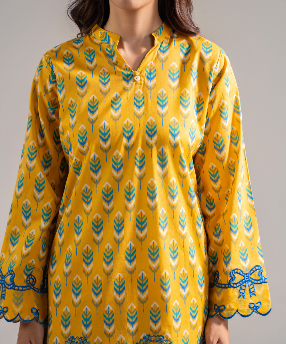 Women's RTW Cambric Embroidered Mustard Yellow 2 Piece Suit