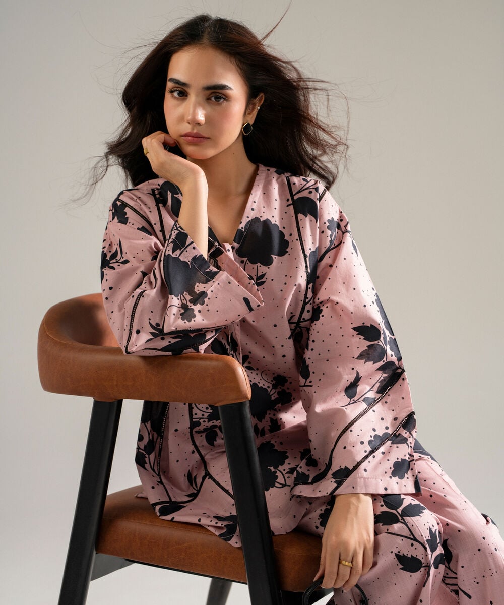 Women's RTW Slub Lawn Printed Light Mauve Drop Shoulder Shirt