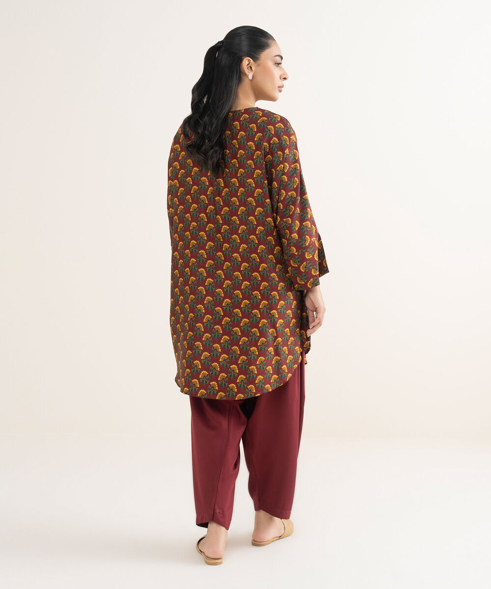 Women's RTW Bedford Printed Maroon Boxy Shirt