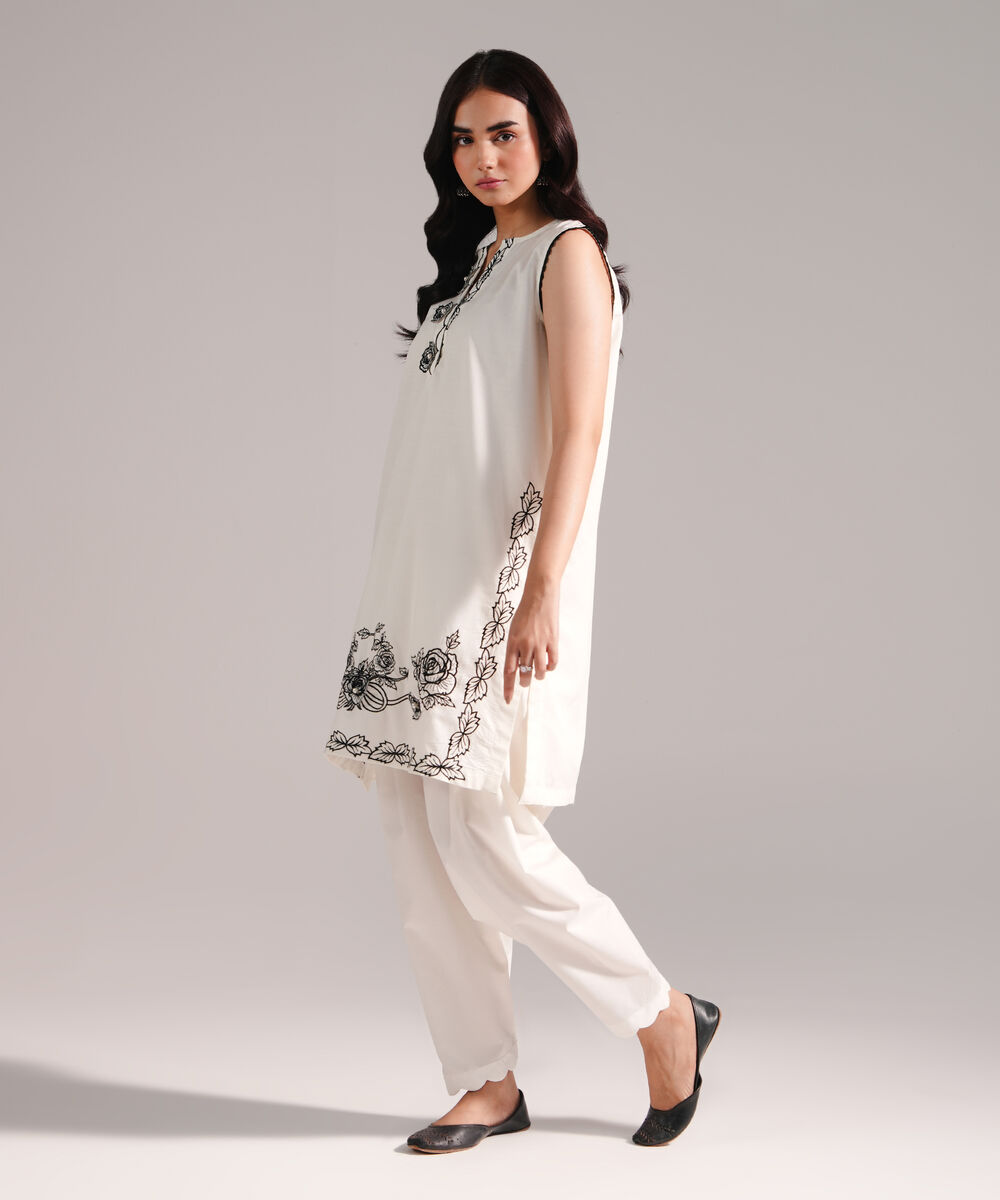 Women's RTW Slub Lawn Embroidered Off White Straight Shirt