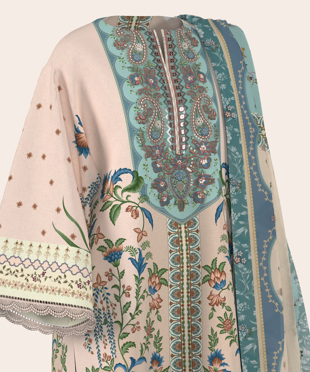 Women's Unstitched Lawn Beige  Embroidered 3 Piece Suit