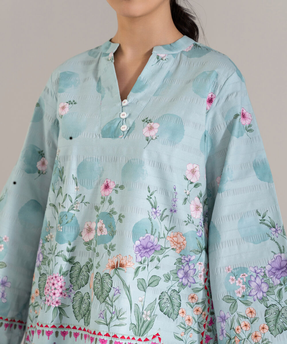 Women's RTW Seersucker Printed Blue Straight Shirt