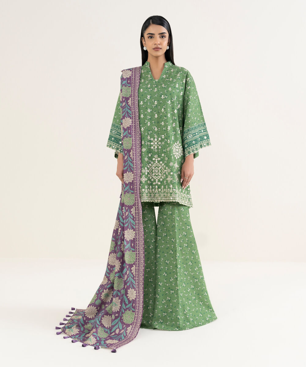 Women's Unstitched Embroidered Khaddar Green 3 Piece Suit